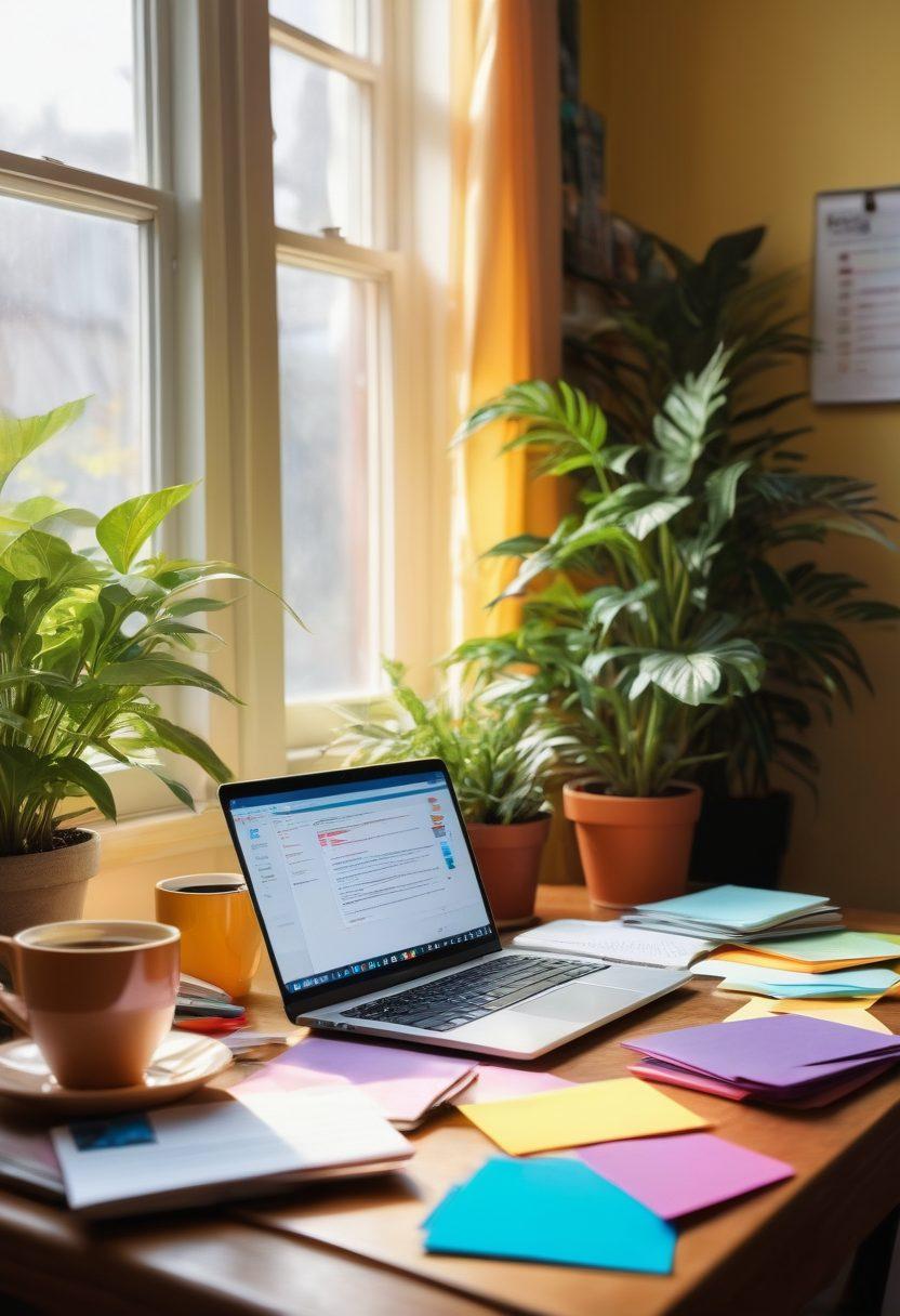 A captivating workspace featuring a laptop with an open blog post, colorful notes and pens scattered around, a steaming coffee cup, and a vibrant plant in the background. Soft sunlight spills through a nearby window, illuminating the scene with a warm glow. The composition highlights creativity and productivity, inviting the audience to engage with blogging. super-realistic. vibrant colors. cozy atmosphere.
