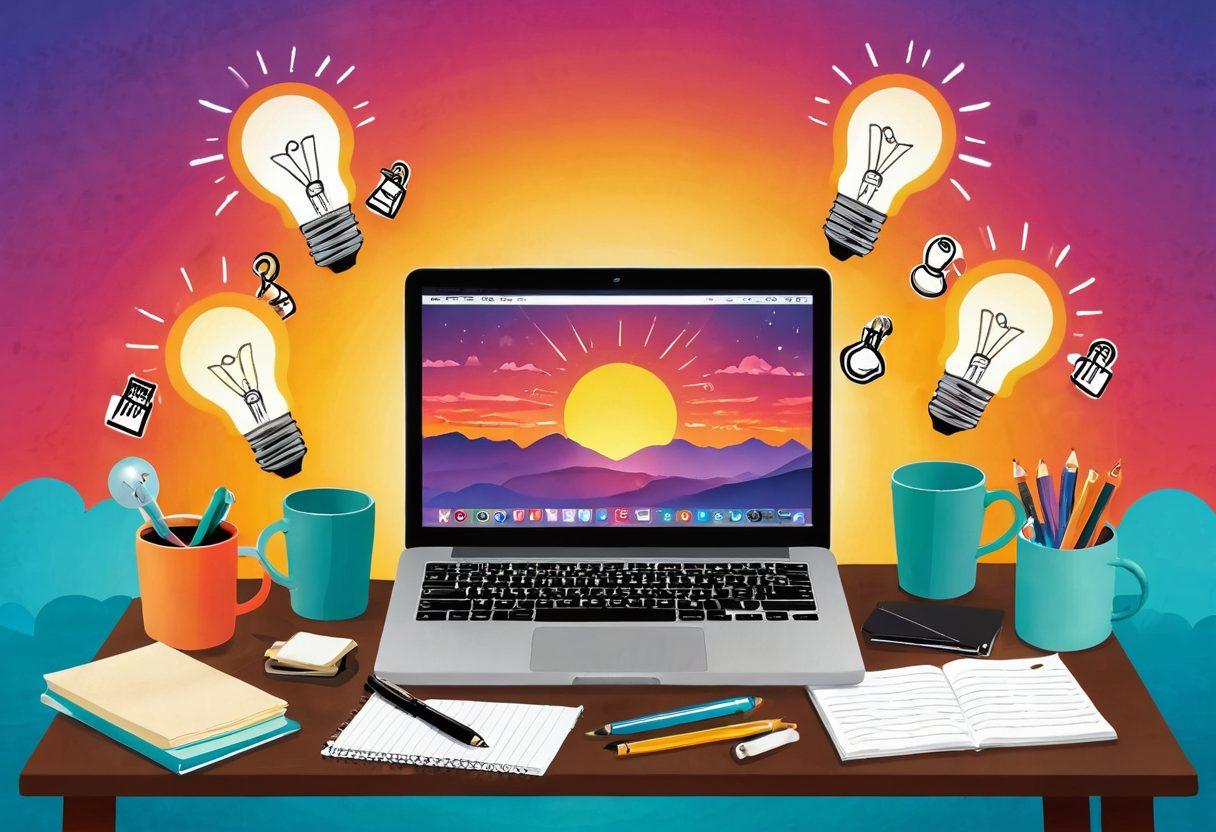 A collage of essential blogging tools such as a laptop, notepads, and coffee mugs, surrounded by lightbulbs representing ideas, with a backdrop of a vibrant sunrise symbolizing new beginnings. Include floating tips and quotes about writing success in a creative font. vibrant colors. vector art.